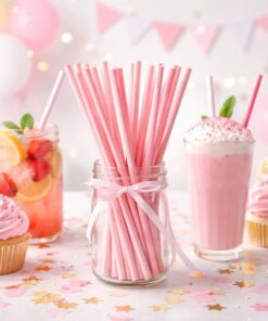 Lyserøde papsugerør i glas på pyntet festbord med cupcakes, milkshake og pink lemonade