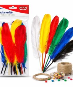 Indianerfjer 12-15 cm 20 stk i farver med emballage samt kreative materialer som snor og perler til DIY projekter