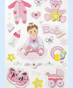 3D stickers med søde baby-girl motiver som baby, bamse, sut, barnevogn og lyserøde detaljer