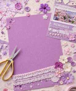 Lavendelfarvet karton med struktur brugt til scrapbooking med blomster, blonder og kreative hobbyelementer.