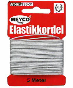 Elastiksnor i sølv 1 mm og 5 meter på rød MEYCO Hobby emballage til smykkefremstilling og kreativ hobby