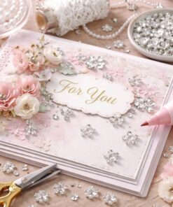 Scrapbooking kort pyntet med klare rhinsten blomster, papirblomster og dekorative detaljer til kreativ kortfremstilling