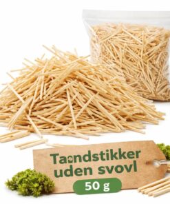 Svovlfri tændstikker i naturtræ samlet i bunke og pose med mærkat – 50 g til hobby og modelbygning