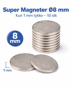 uper stærke neodym magneter med 8 mm diameter og 1 mm tykkelse, vist i sæt med 10 stk