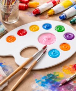 Malerpalette i plast med 9 rum med farver og pensler på kreativt arbejdsbord