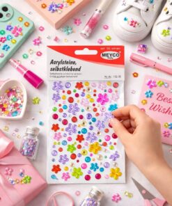DIY hobby med MEYCO selvklæbende rhinsten blomster brugt til kort, gaveindpakning og kreativ dekoration