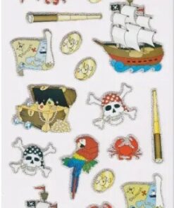 Stort ark med pirat folie stickers med sørøverskibe, dødningehoveder, skatte og papegøjer