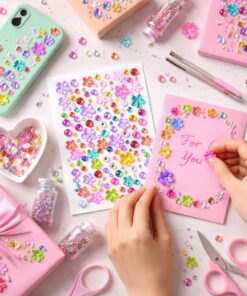 Kreativ DIY hobby hvor selvklæbende rhinsten blomster bruges til pynt på kort, gaveindpakning og dekoration