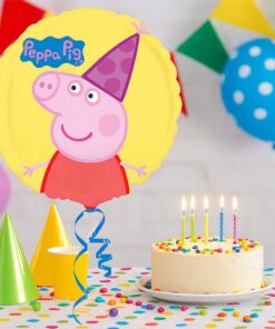 Gurli Gris folie ballon gul som festpynt til Gurli Gris fødselsdag med kage, balloner og festbord