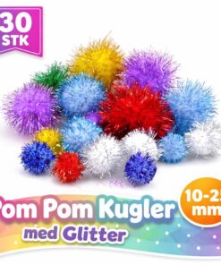 Pom pom kugler med glitter i mixede farver og størrelser fra 10–25 mm, 30 stk hobbykugler til kreativ DIY og dekoration.