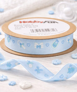 Lyseblåt bånd med baby motiver på rulle, 15 mm bredt og 20 meter langt, velegnet til gaveindpakning, dåb og babyshower