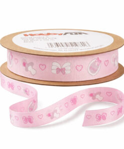 Lyserødt bånd med baby motiver i 15 mm bredde og 20 meters længde til gaveindpakning og babyprojekter