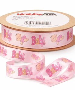 Lyserødt bånd med babytekst og motiver på rulle, 15 mm x 20 m
