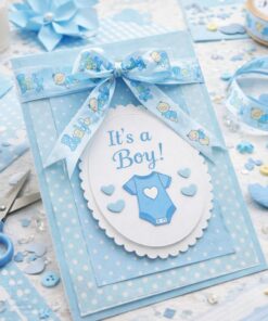 Håndlavet babykort med lyseblåt babybånd med babytekst, brugt til kortfremstilling til babyshower og dåb