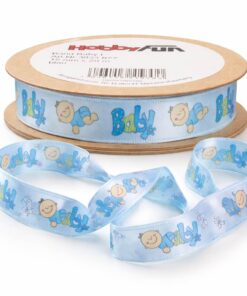 Lyseblåt babybånd med babytekst og motiver på rulle, 15 mm bredt gavebånd til babyshower og dåb