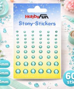 Selvklæbende turkise rhinsten i mix af 4 mm, 6 mm og 8 mm – 60 stk til hobby og dekoration