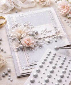Scrapbooking med selvklæbende grå halvperler, brugt til dekoration af kort og kreative papirprojekter