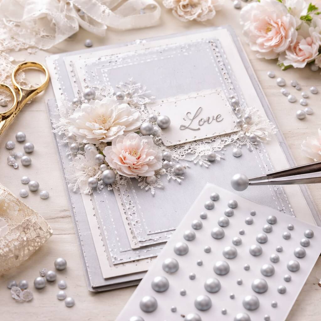 Scrapbooking med selvklæbende grå halvperler, brugt til dekoration af kort og kreative papirprojekter