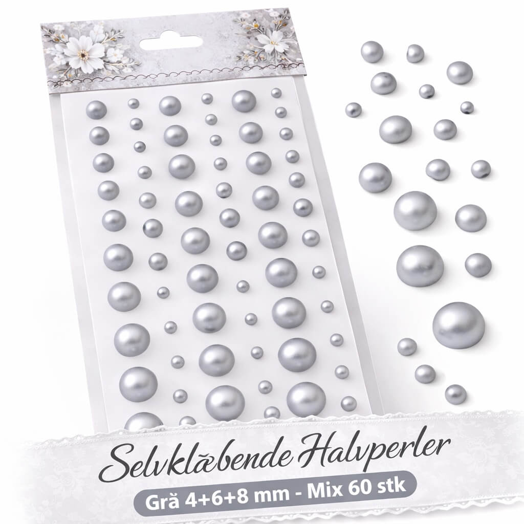 Selvklæbende grå halvperler i størrelserne 4 mm, 6 mm og 8 mm – mix 60 stk til hobby, scrapbooking og dekoration