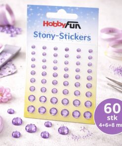Selvklæbende lilla rhinsten i mix 4, 6 og 8 mm – 60 stk til hobby og dekoration