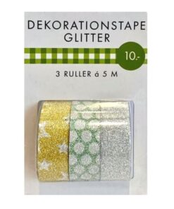 Glitter tape 3-pak guld sølv grøn mix