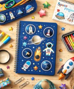 Rum stickers brugt på notesbog og penalhus med planeter, astronauter og raketter – kreativ leg for børn