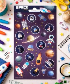 Stickers med rummet med planeter, raketter og astronauter – farverige rumklistermærker til børn og kreativ leg