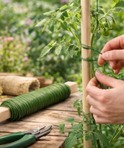Grøn stål bindetråd bruges til opbinding af tomatplante på træpind i haven