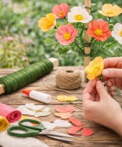 Grøn bindetråd bruges til fremstilling af papirblomster som kreativ hobby på træbord