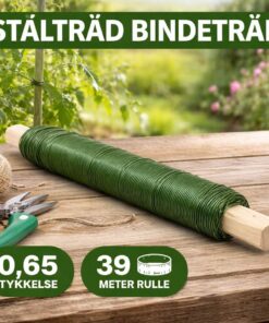 Grøn stål bindetråd på rulle til opbinding af planter i haven, 0,65 mm og 39 meter