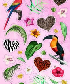 Farverige jungle stickers med papegøjer, tukan, blade og dyremønstre på lyserød baggrund