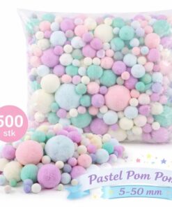 Pom pom kugler i pastel farver mix 5–50 mm – 500 stk. i klar pose