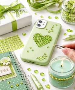 Pyntning af mobilcover, gave og notesbog med grønne selvklæbende rhinsten i kreativ DIY-hobby