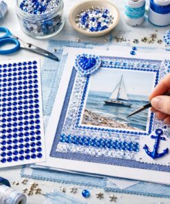 Scrapbooking projekt dekoreret med selvklæbende blå rhinsten 6 mm og maritime detaljer