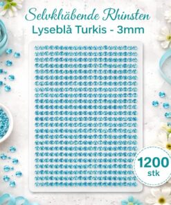 Selvklæbende rhinsten 3mm i lyseblå turkis – ark med 1200 stk dekorative rhinsten til hobby og scrapbooking