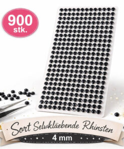 Selvklæbende sorte rhinsten 4 mm – 900 stk. på ark til hobby, DIY og dekoration