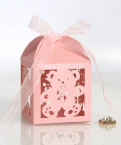 Lyserøde gaveæsker med bamse-motiv og hvidt satinbånd – 10 stk.