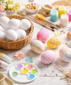 Styropor æg til hobby og DIY påskepynt vist med maling og kreative materialer.