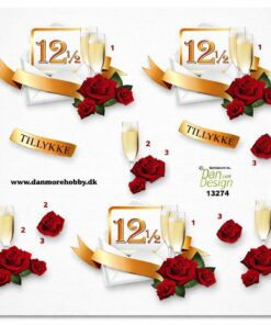 3D ark med 12½ år emblem, røde roser og champagneglas til kobberbryllup fra Dan Design