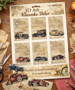 3D ark med klassiske biler i nostalgisk vintage stil fra Dan Pictures, brugt til kortfremstilling og scrapbooking.