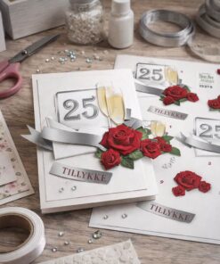 DIY kortfremstilling med 3D ark til sølvbryllup 25 år, håndlavet kort med sølv tal 25, champagneglas, røde roser og teksten Tillykke