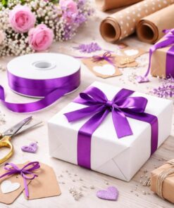 Hvid gaveæske med mørk lilla satinbånd og sløjfe samt rulle satinbånd og hobbyudstyr
