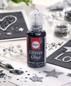 Sort glitterlim 20 ml brugt til DIY hobbyprojekt med kort, stjerner og kreativ pynt
