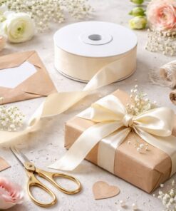 Gaveindpakning med satinbånd elfenben hvid, gave med sløjfe, saks og dekorative blomster.