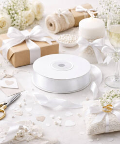 Hvidt satinbånd på rulle med bryllupspynt, gaveindpakning og dekorative sløjfer
