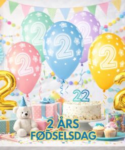 2 års fødselsdag med talballoner nummer 2 i pastel farver, pyntet lokale med guirlander, kage, cupcakes og gavebord