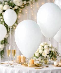 Hvide balloner til festpynt ved dækket festbord med blomster og champagneglas
