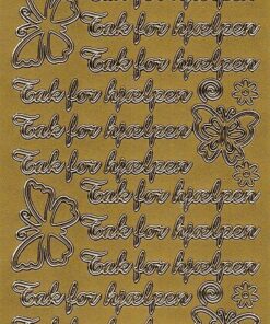 Stickerark med “Tak for hjælpen” i guld tekst – klistermærker til kortfremstilling og scrapbooking