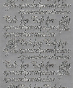 Stickers med teksten “Tak for opmærksomheden” i sølv til kortfremstilling