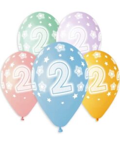 Tal balloner nummer 2 i latex – 5 stk festballoner med stjerner i pastel farver